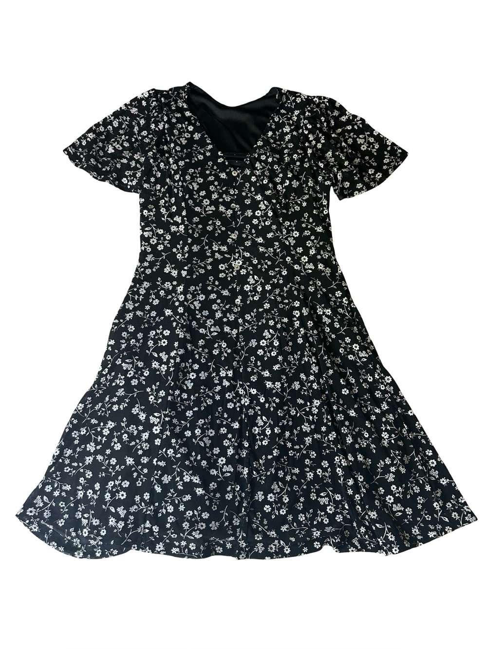 Vintage 90s Black Floral Summer Mini Dress Size Medium Short Sleeve Whimsigoth